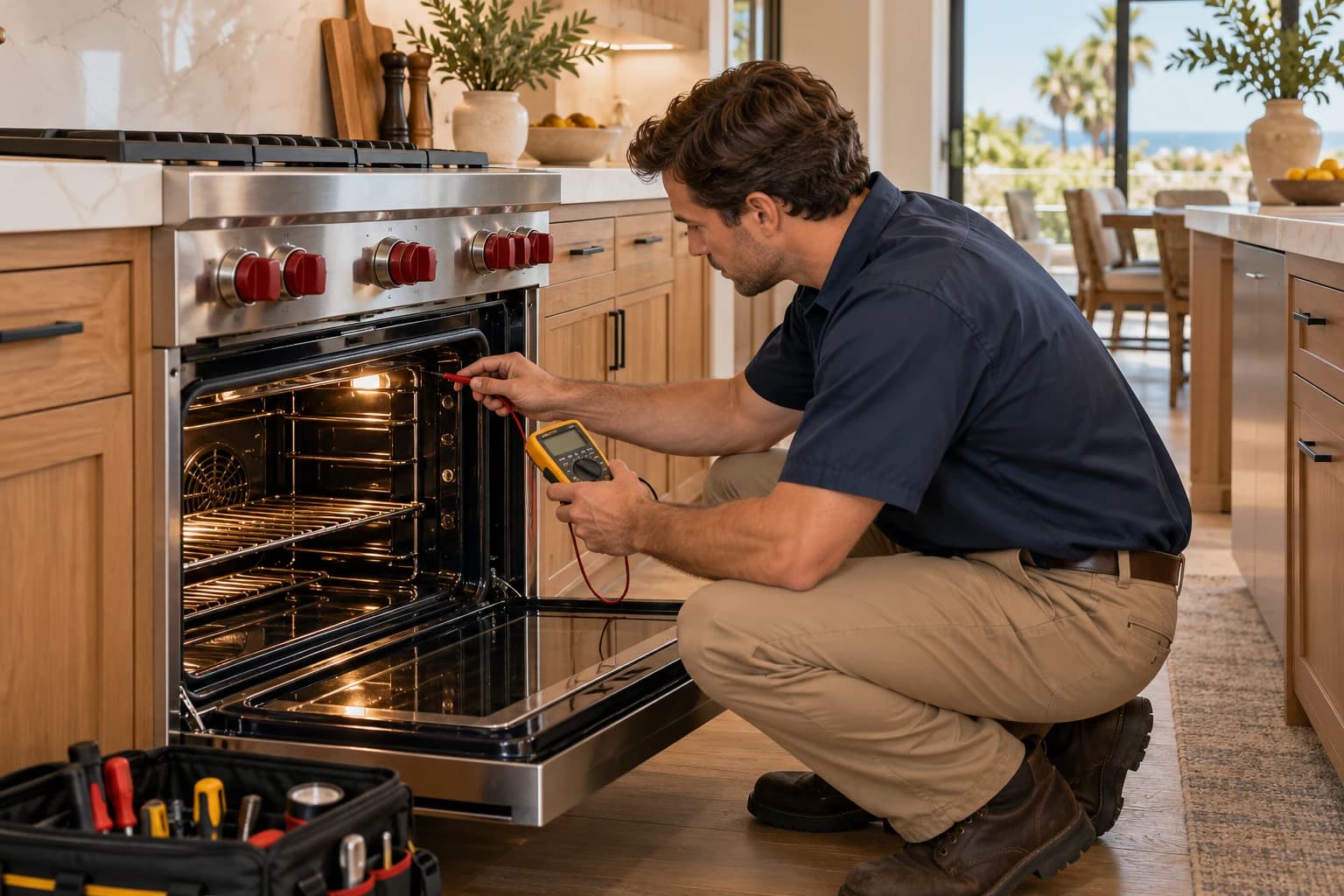 Illustrative technician diagnosing an appliance in a bright kitchen