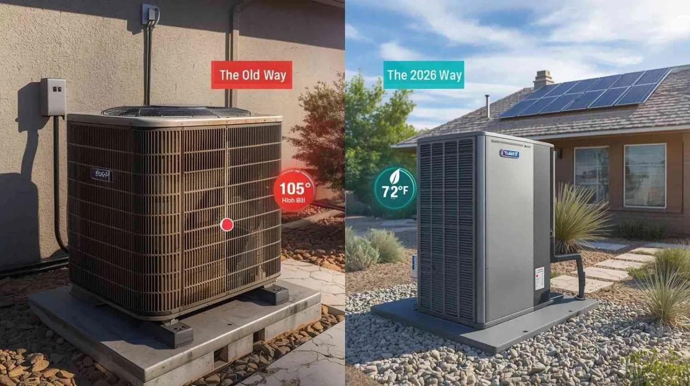 Split image comparing a worn old AC condenser with a new heat pump beside a solar-roofed home