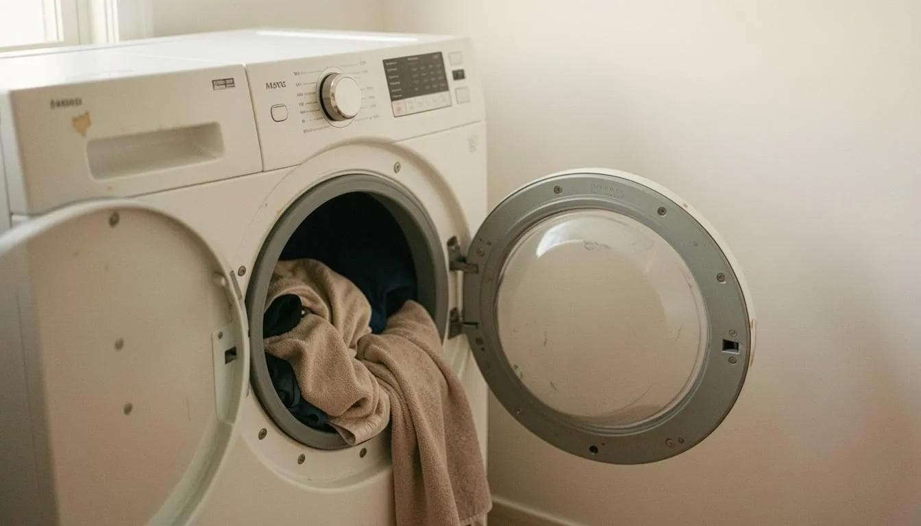 Front-load dryer with its door open and a damp towel spilling out of the drum