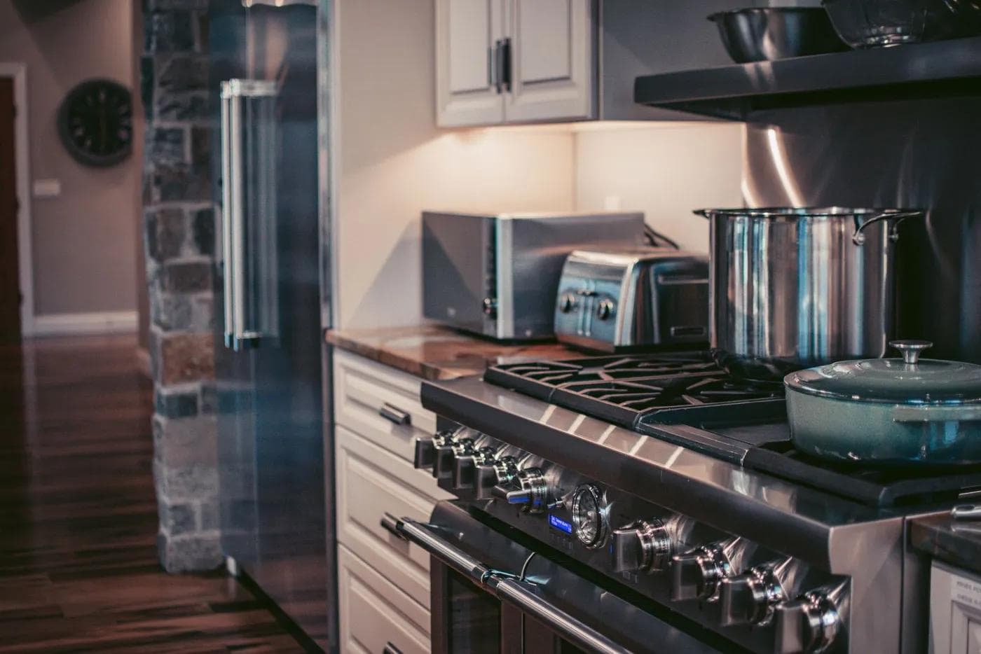 Kitchen with a professional-style gas range and stainless steel appliances
