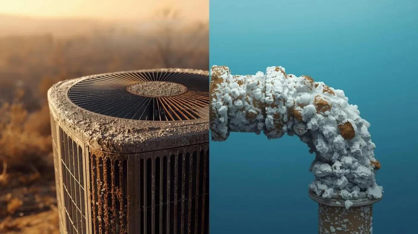 Split image of a dust-caked, rusting AC condenser and a pipe crusted with mineral scale