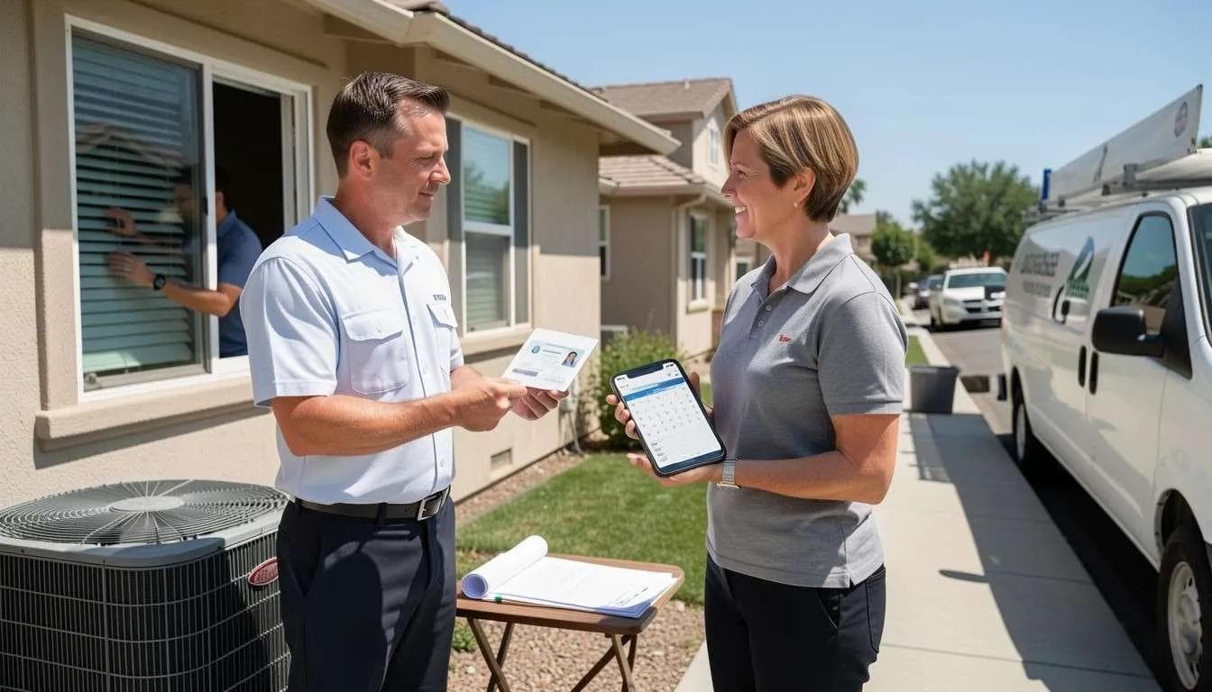 Technician showing an ID card to a smiling homeowner beside an outdoor AC unit and service van