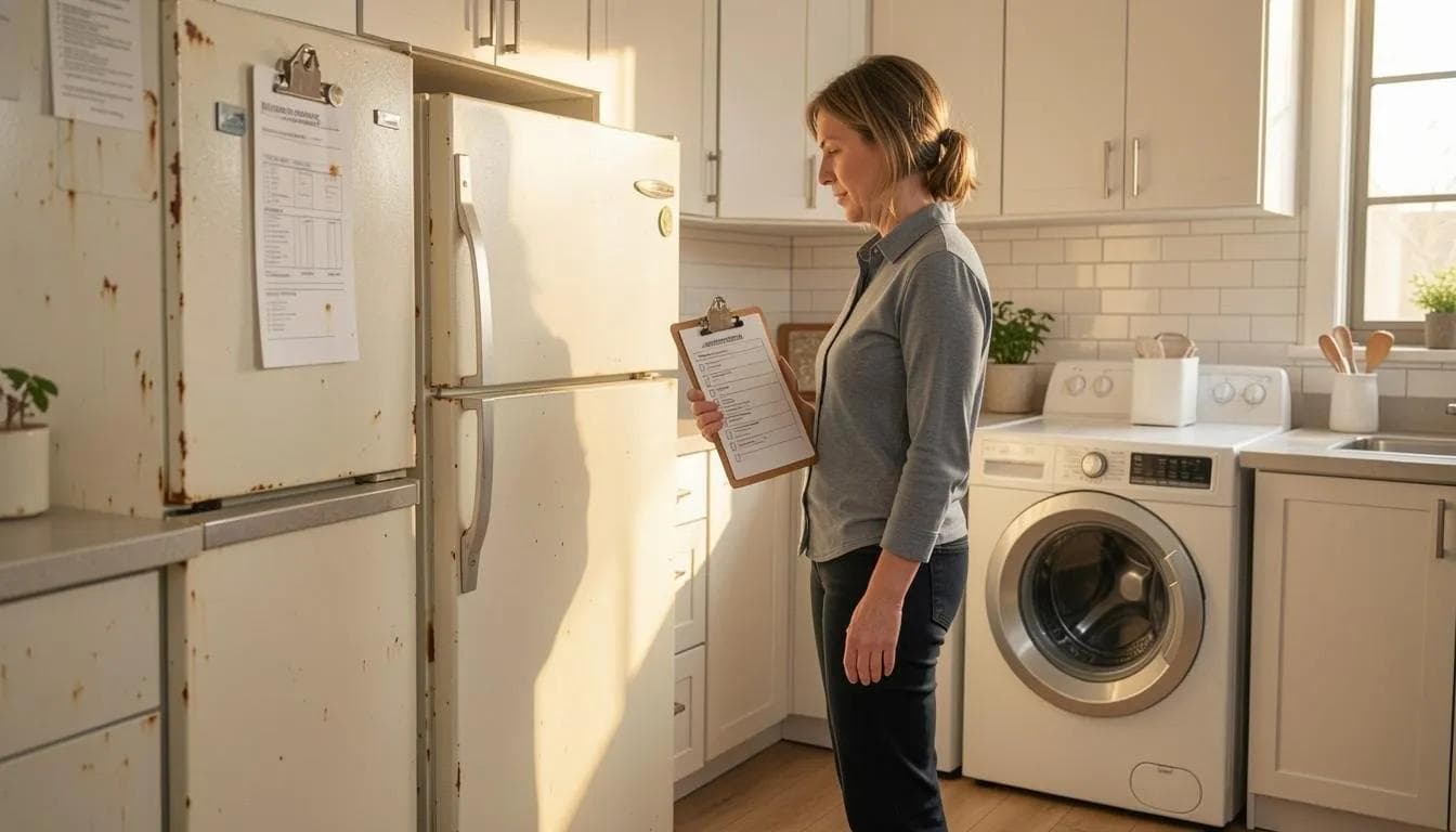 Woman holding a clipboard checklist beside an old rust-spotted refrigerator and a front-load washer