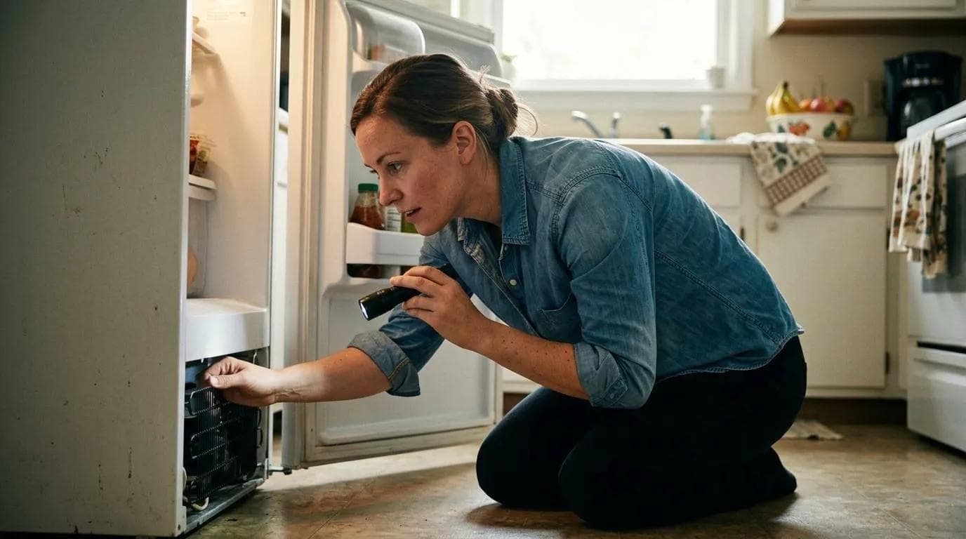 Woman kneeling with a flashlight, inspecting the lower grille of an open white refrigerator