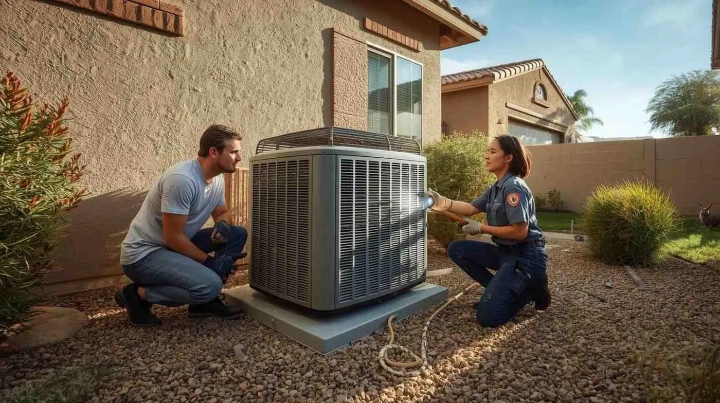 Homeowner and uniformed technician inspecting an outdoor AC condenser on a gravel side yard