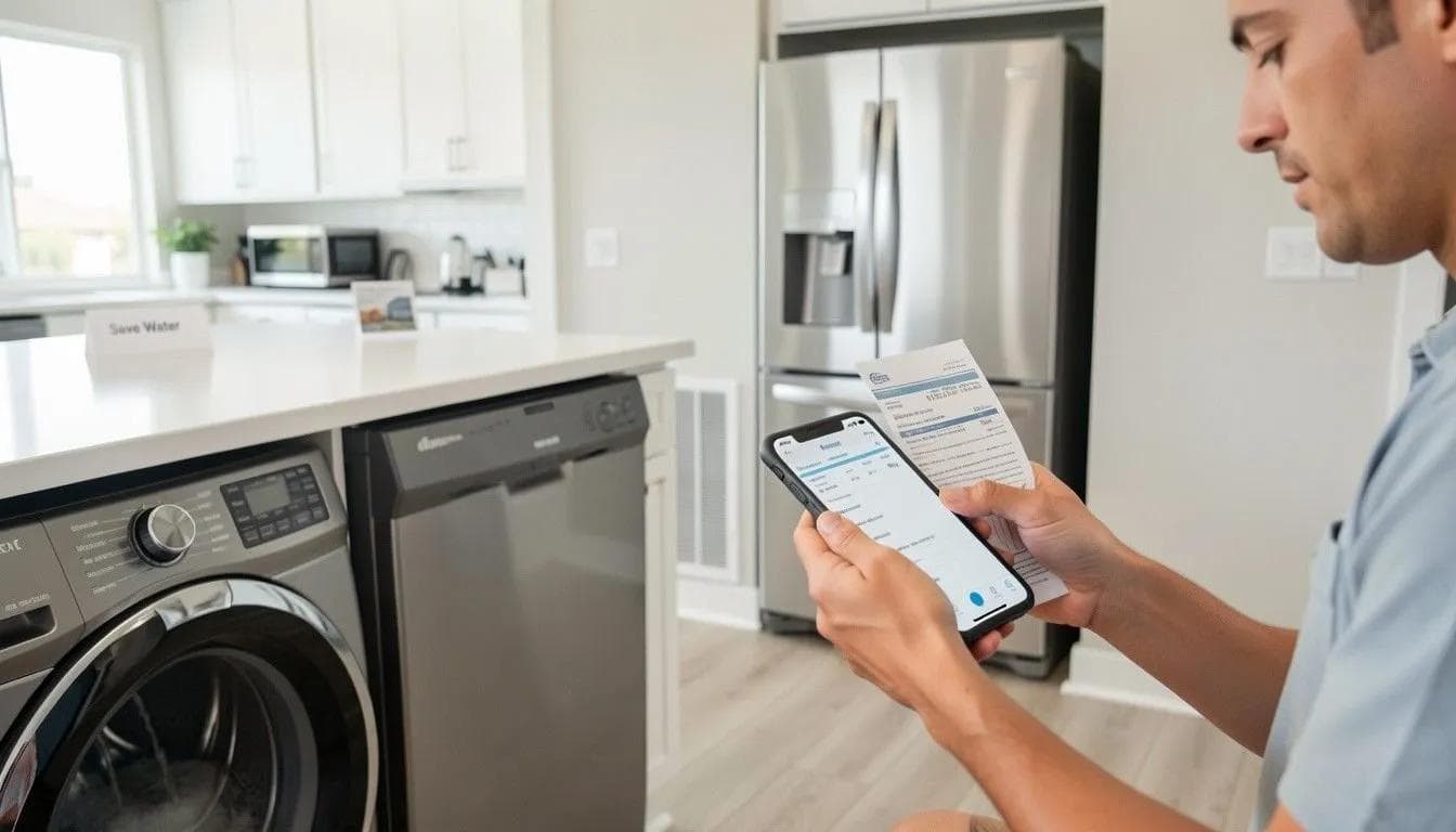 Man reviewing a utility bill and phone app near a front-load washer, dishwasher, and refrigerator