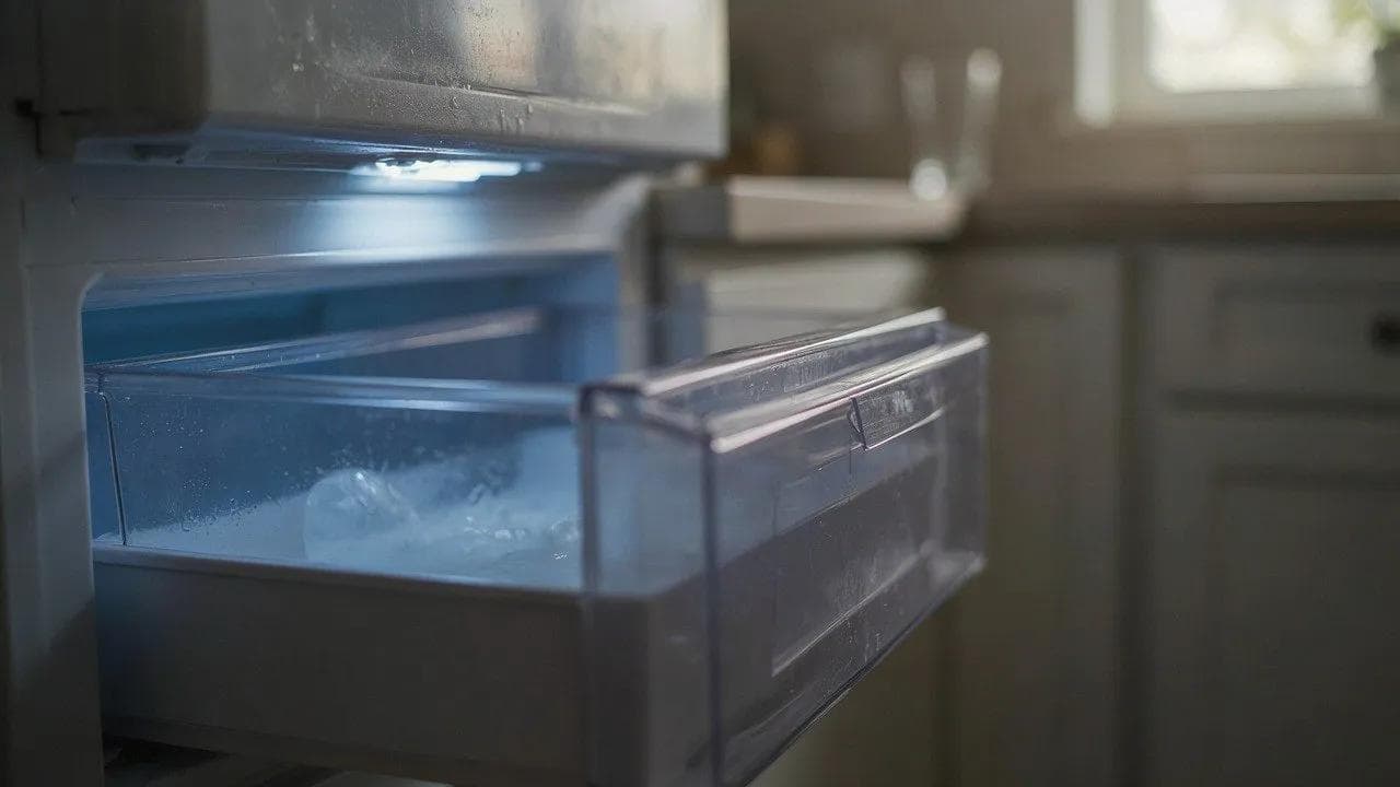 Open freezer drawer with a nearly empty clear ice bin holding a few melting cubes