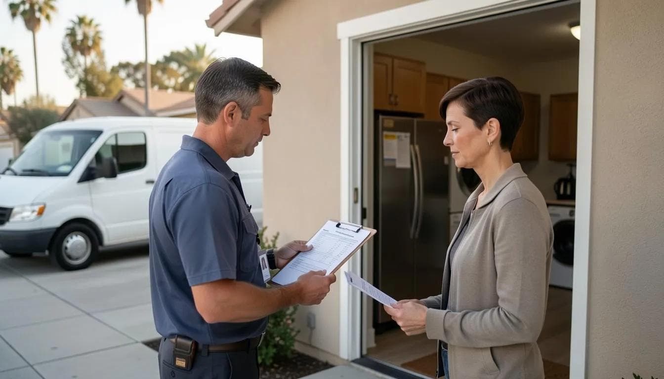 Technician with a clipboard reviewing paperwork with a homeowner at her garage door, van behind