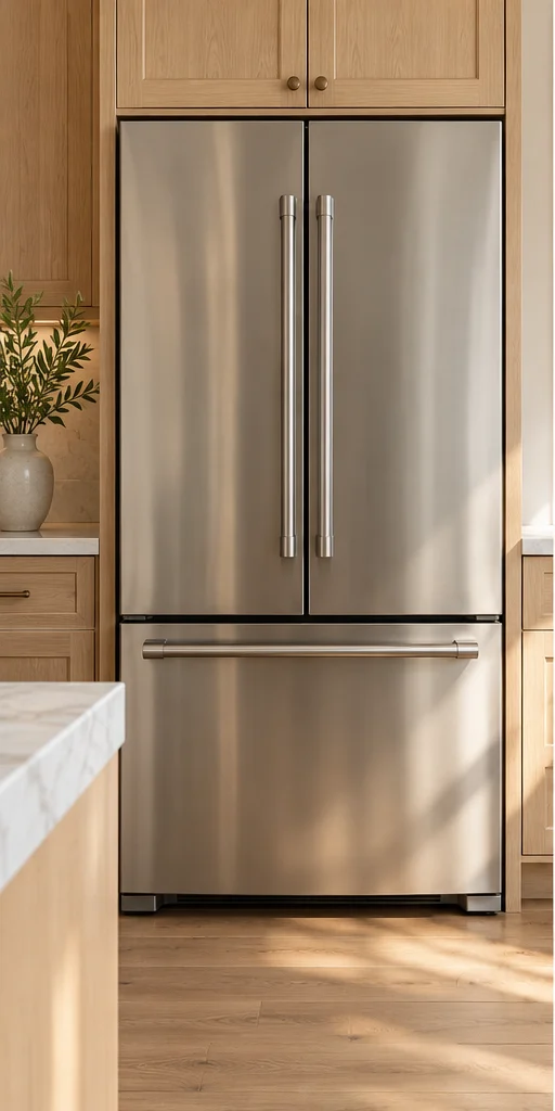 Illustrative stainless steel refrigerator in an oak kitchen